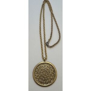 Gold Tone Filigree Circle Pendant 2 Inches Wide Intricate Spirals Boho Statement